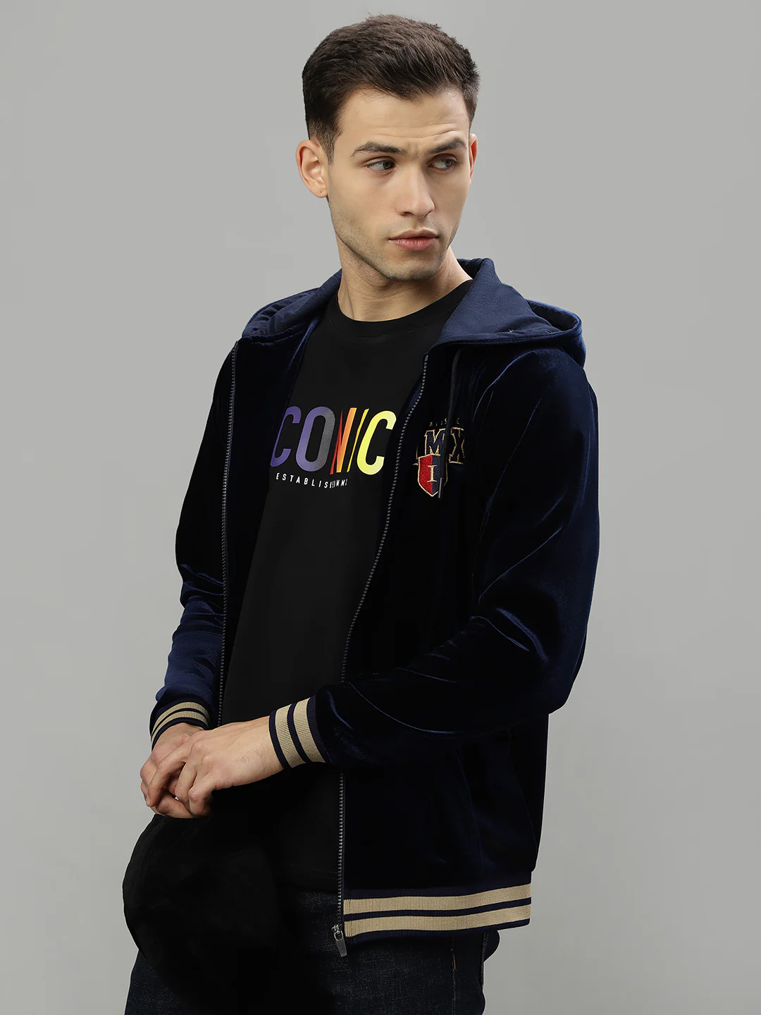 Iconic Men Navy Blue Solid Hooded Long Sleeves Jacket - Image 3