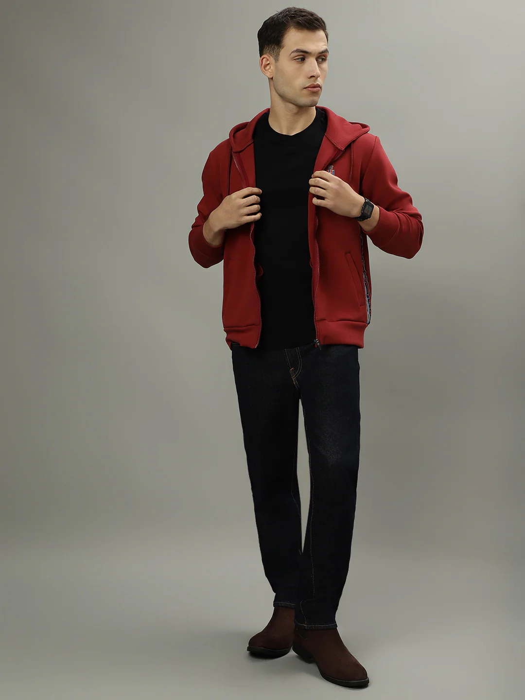 Iconic Men Red Solid Hooded Long Sleeves Sweatshirt - Image 4