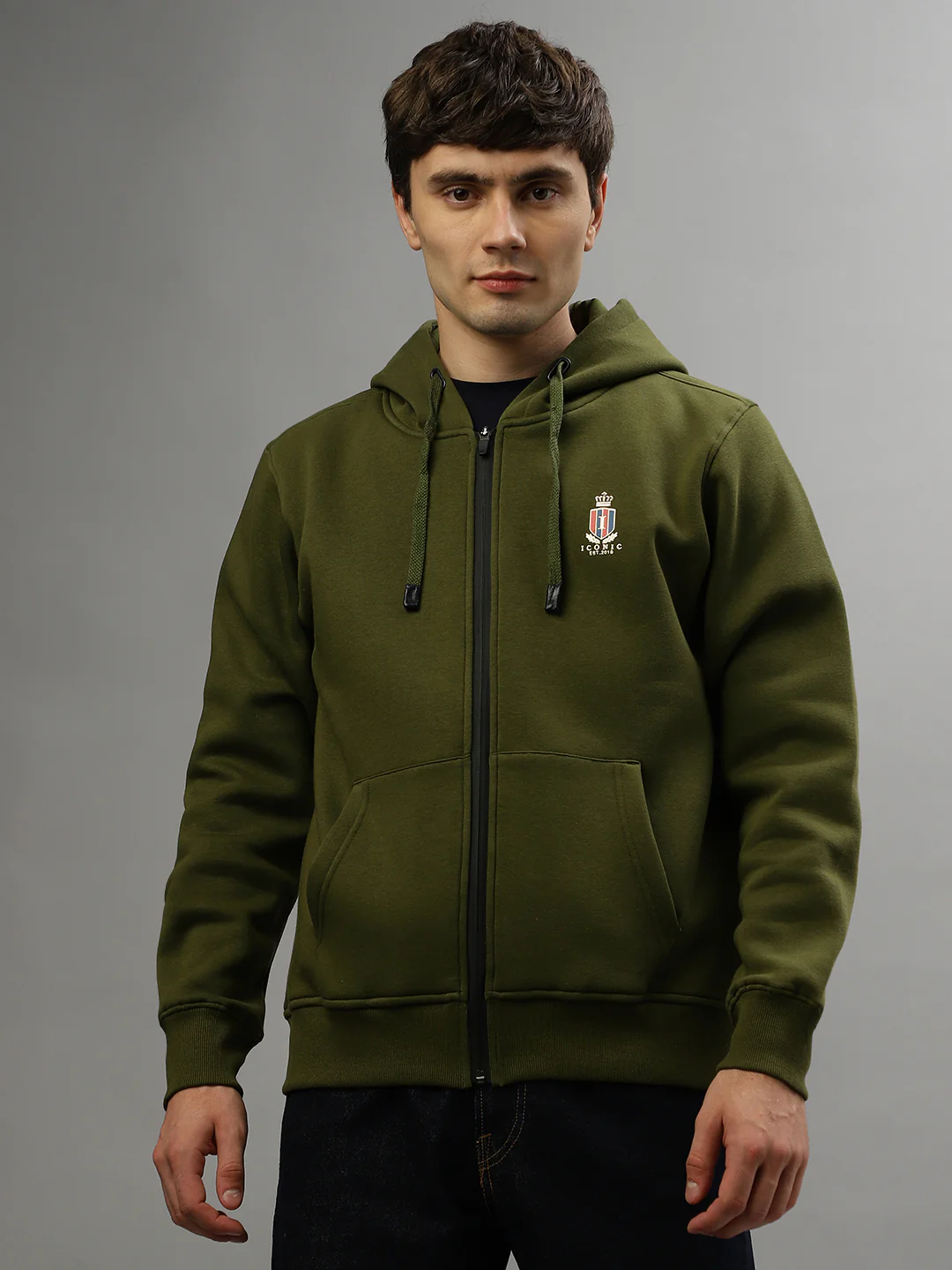 Iconic Men Green Solid Round Neck Full Sleeves Sweatshirt - Image 2