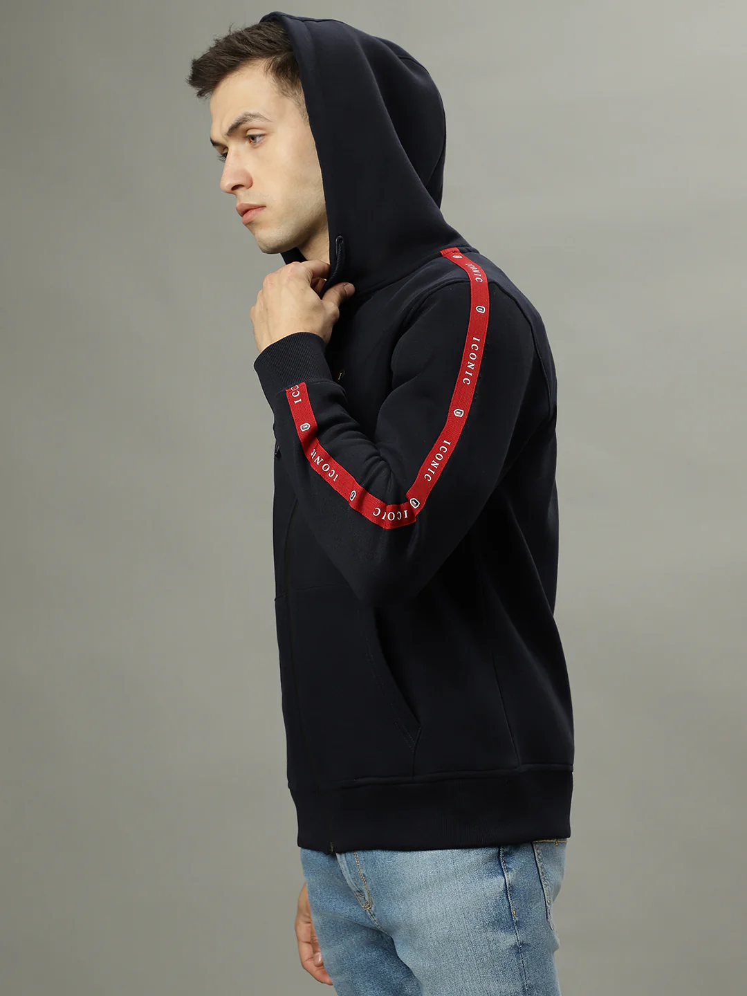 Iconic Men Navy Blue Solid Hooded Long Sleeves Jacket - Image 2