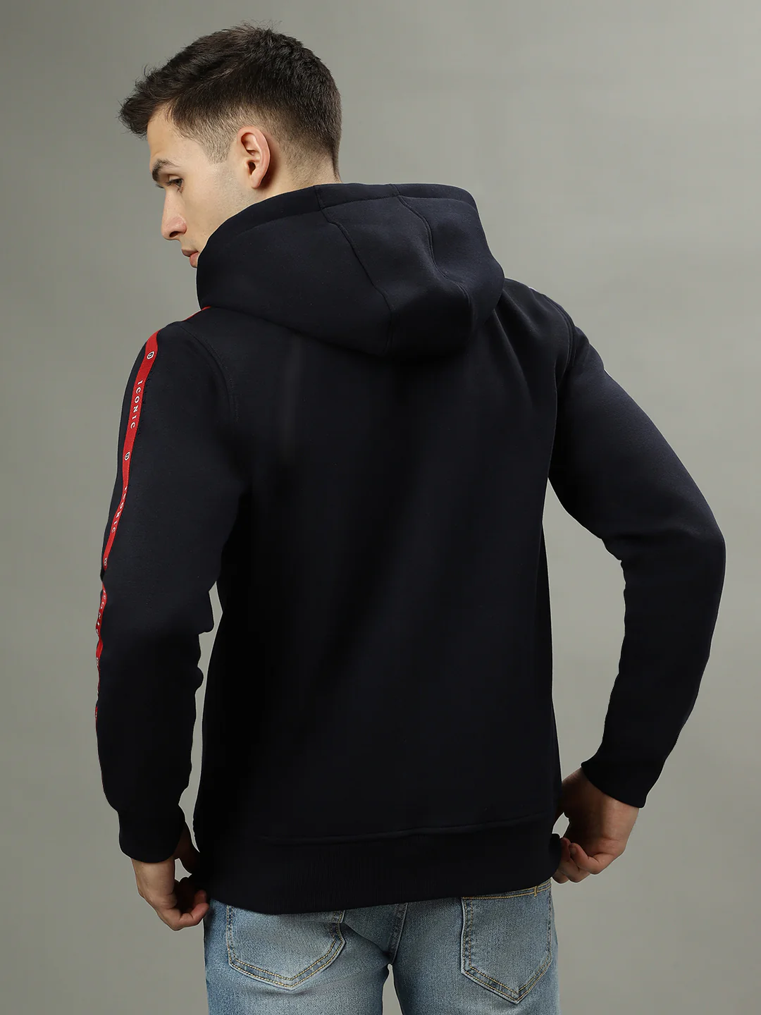 Iconic Men Navy Blue Solid Hooded Long Sleeves Jacket - Image 3