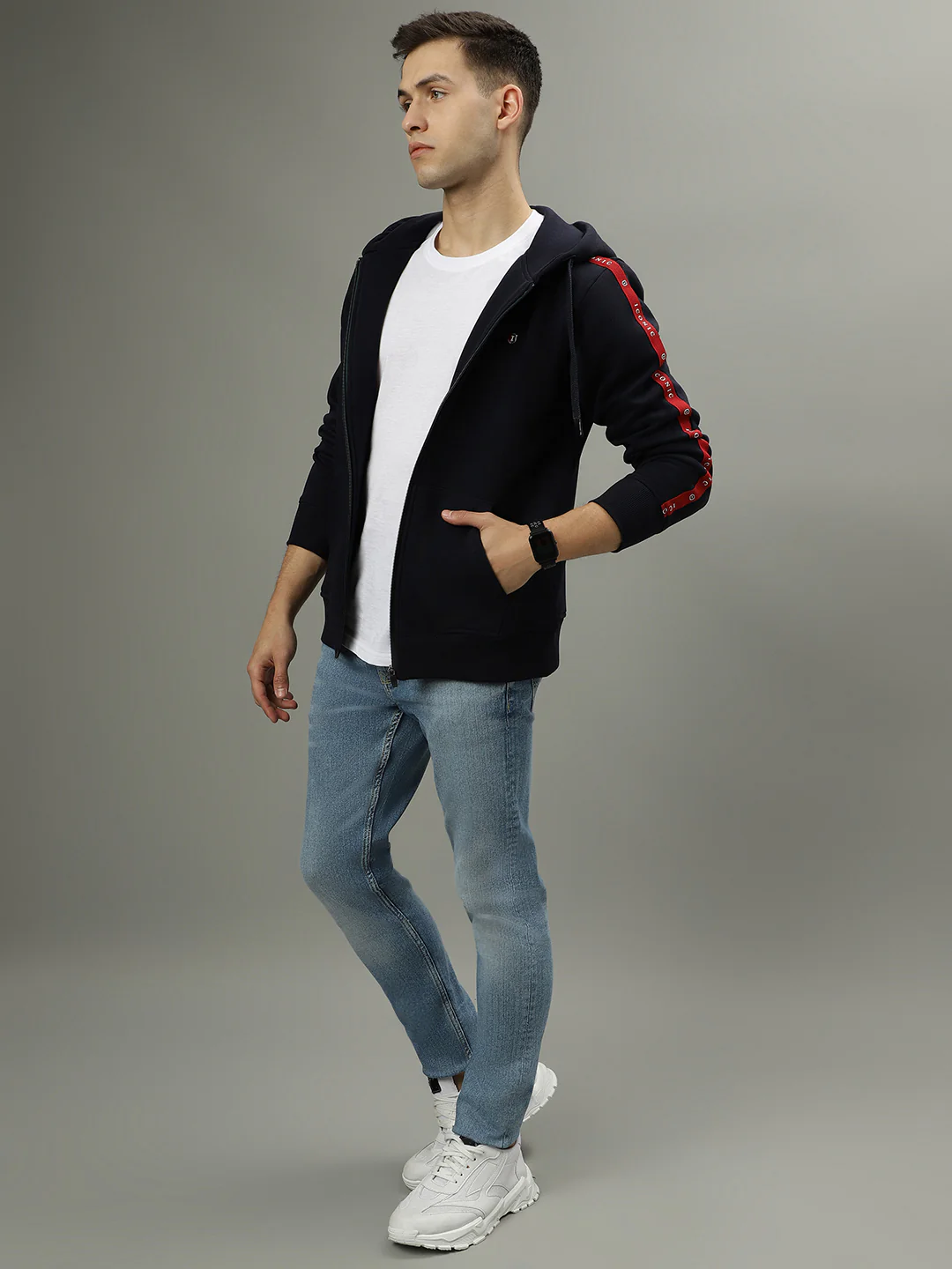 Iconic Men Navy Blue Solid Hooded Long Sleeves Jacket - Image 4