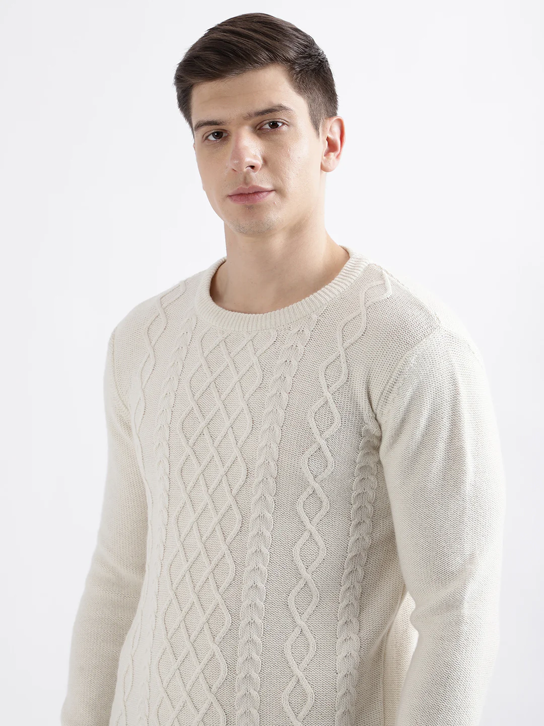 Iconic Men White Self Design Round Neck Full Sleeves Sweater - Image 5