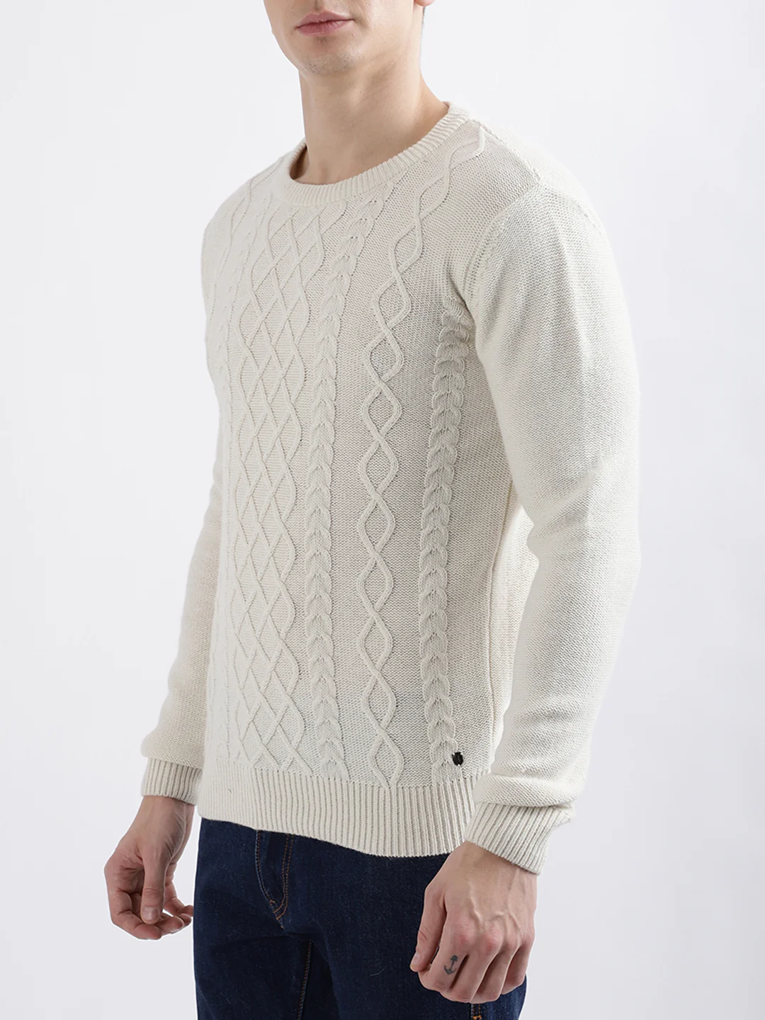 Iconic Men White Solid Full Sleeves Round Neck Sweater - Image 2