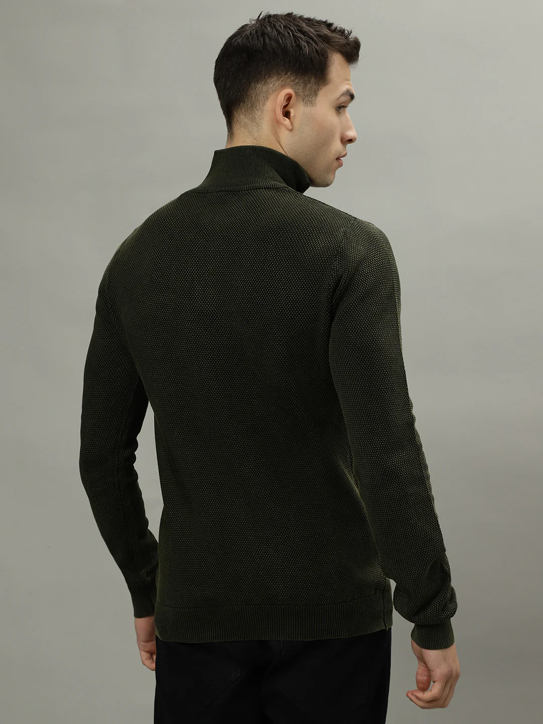 Iconic Men Green Solid Standing Collar Full Sleeves Sweater - Image 3