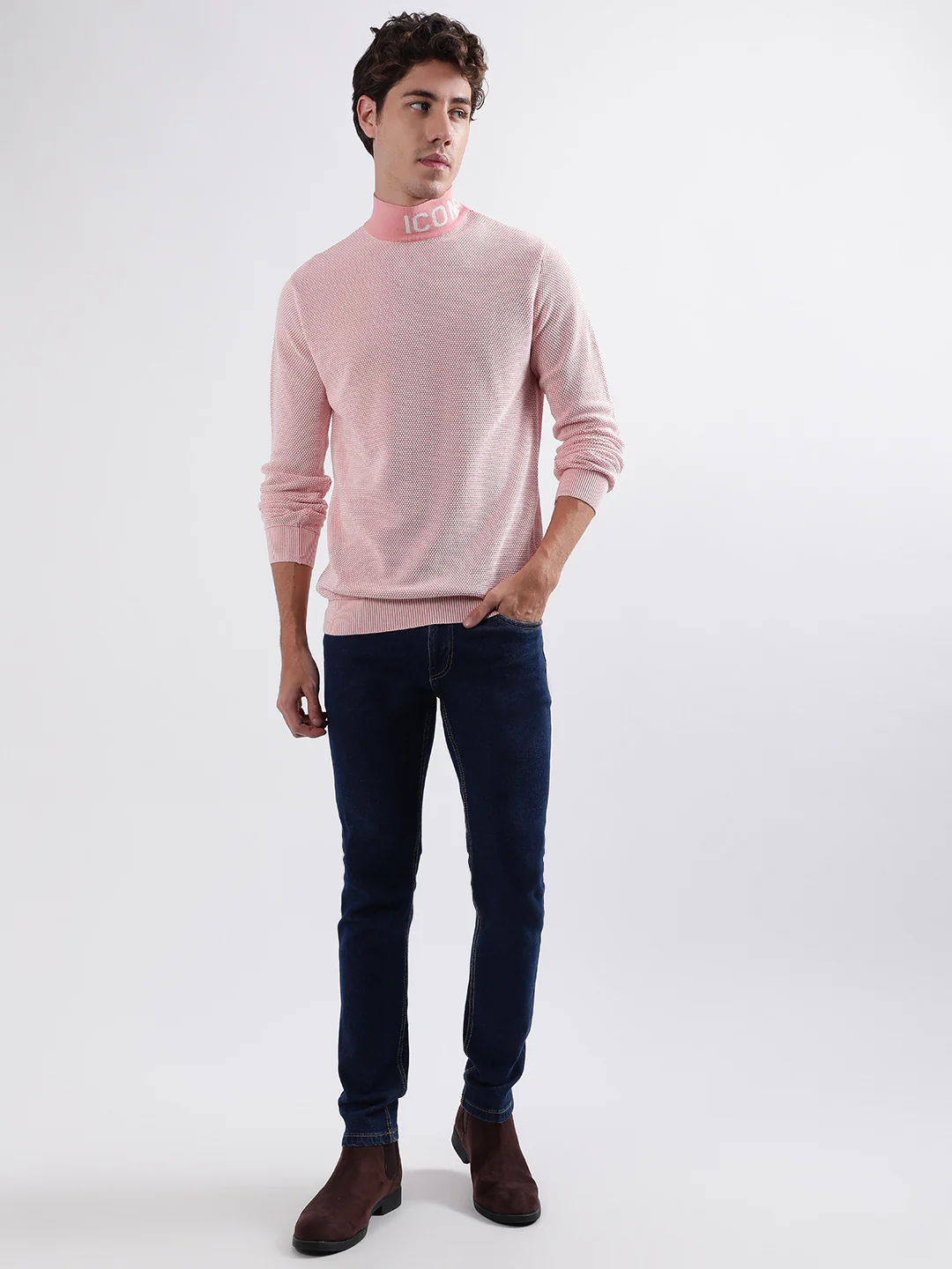 Iconic Men Pink Knitted High Neck Full Sleeves Pullover Style Sweater - Image 4