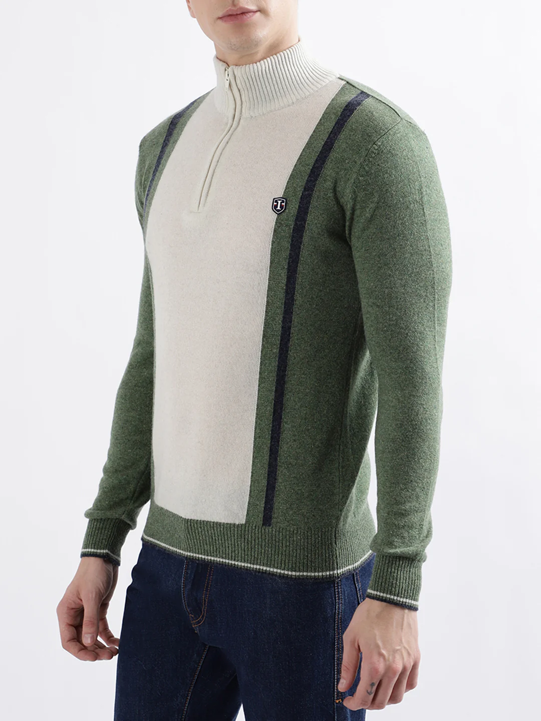 Iconic Men Green Colour blocked Full Sleeves Turtle Neck Sweater - Image 2