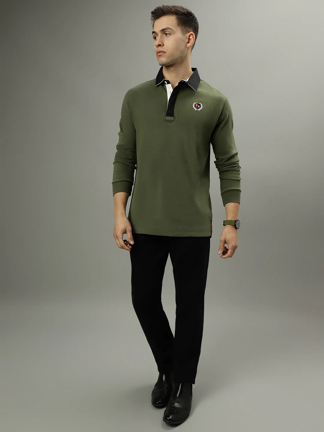 Iconic Men Green Solid Polo Collar Full Sleeves Tshirt - Image 4
