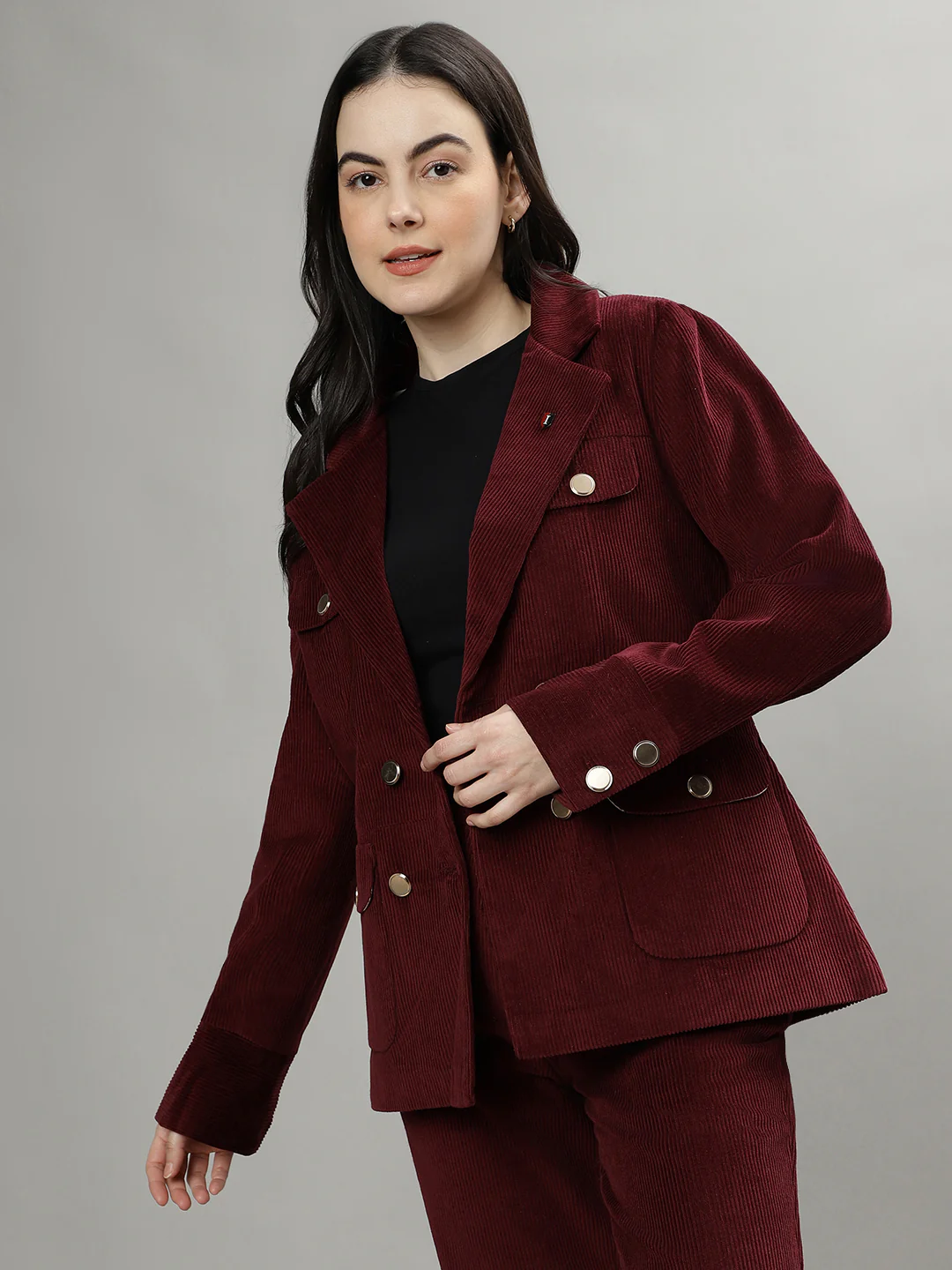 Iconic Women Wine Double-Breasted Notched Lapel Long Sleeves Blazer - Image 5