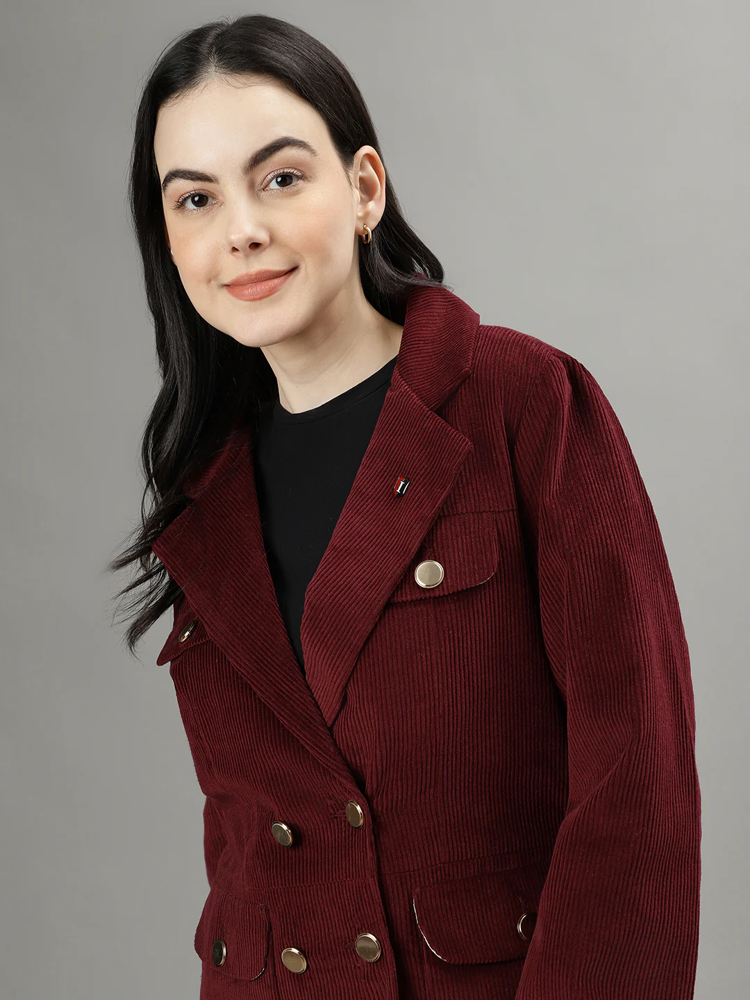Iconic Women Wine Double-Breasted Notched Lapel Long Sleeves Blazer - Image 6