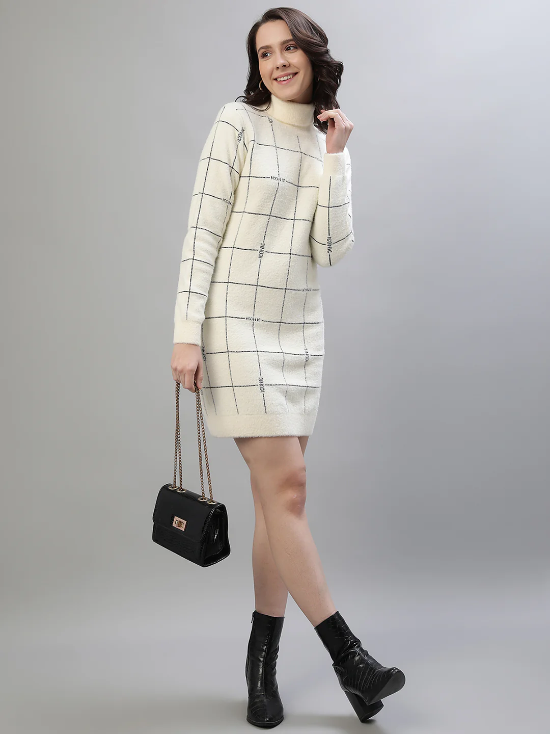 Iconic Women White Checked Turtle Neck Full Sleeves Dress - Image 2