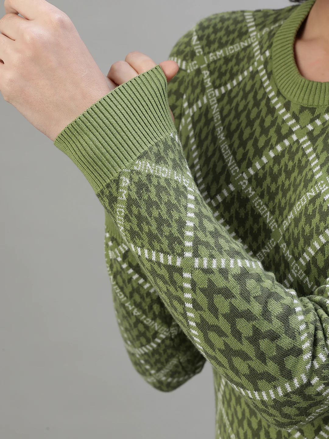 Iconic Women Green Jacquard Round Neck Full Sleeves Dress - Image 5
