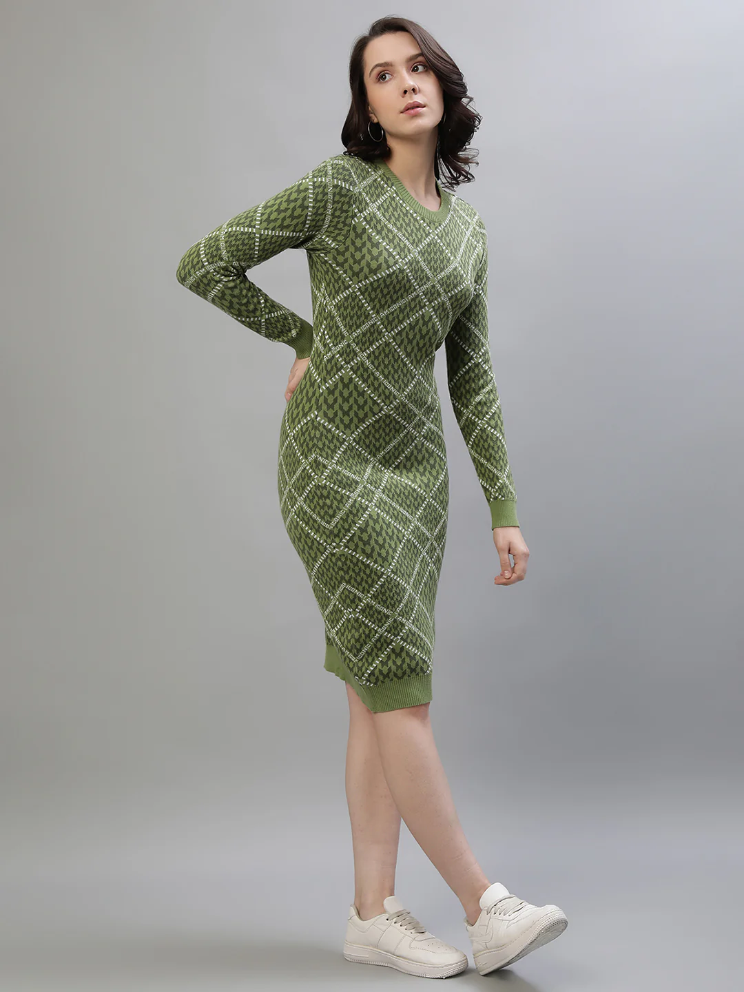 Iconic Women Green Jacquard Round Neck Full Sleeves Dress - Image 6