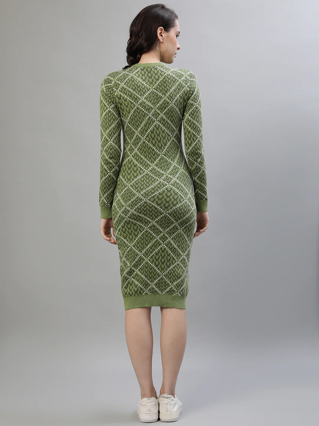 Iconic Women Green Jacquard Round Neck Full Sleeves Dress - Image 8