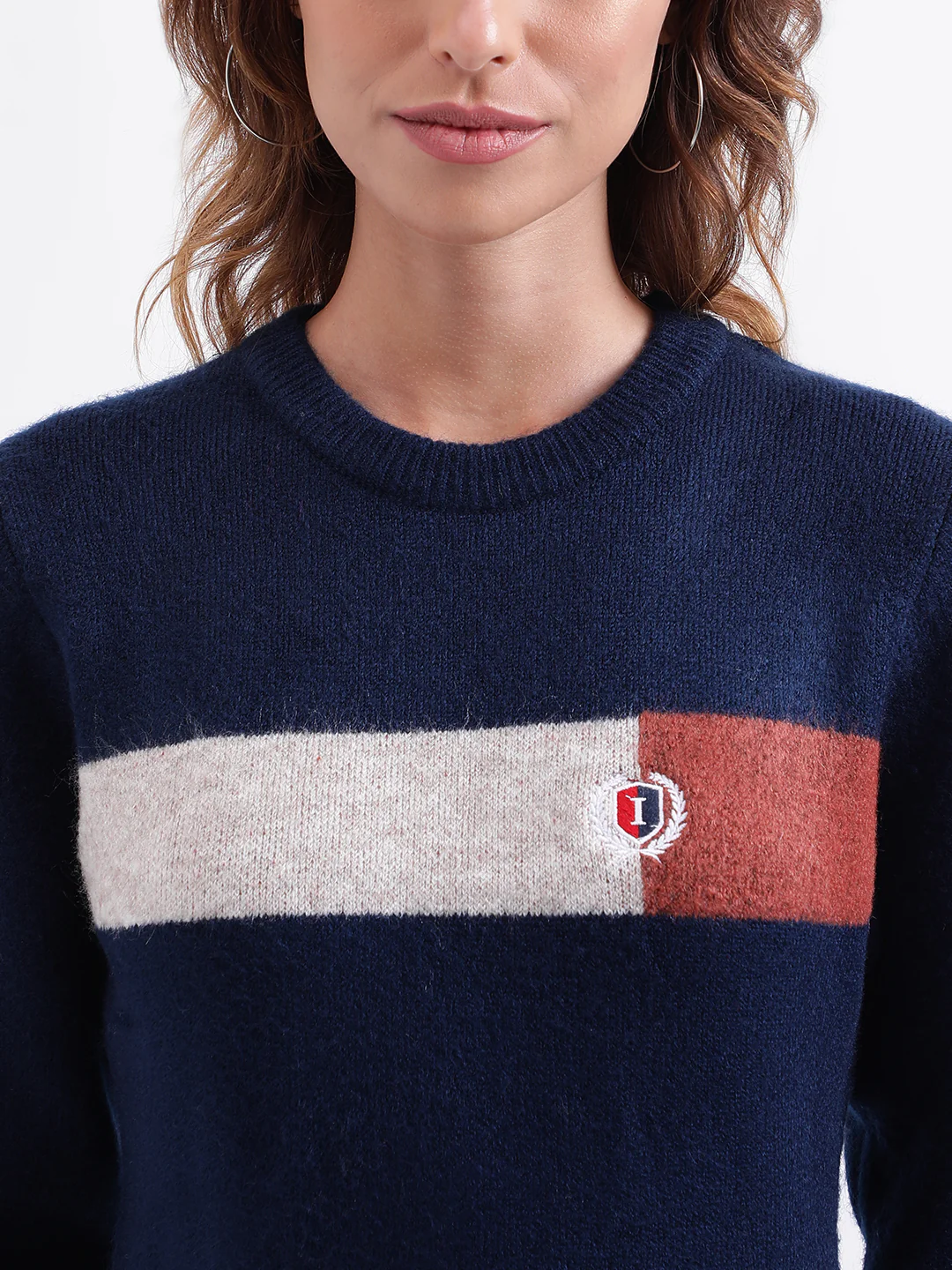 Iconic Women Navy Blue Colorblocked Round Neck Full Sleeves Dress - Image 6