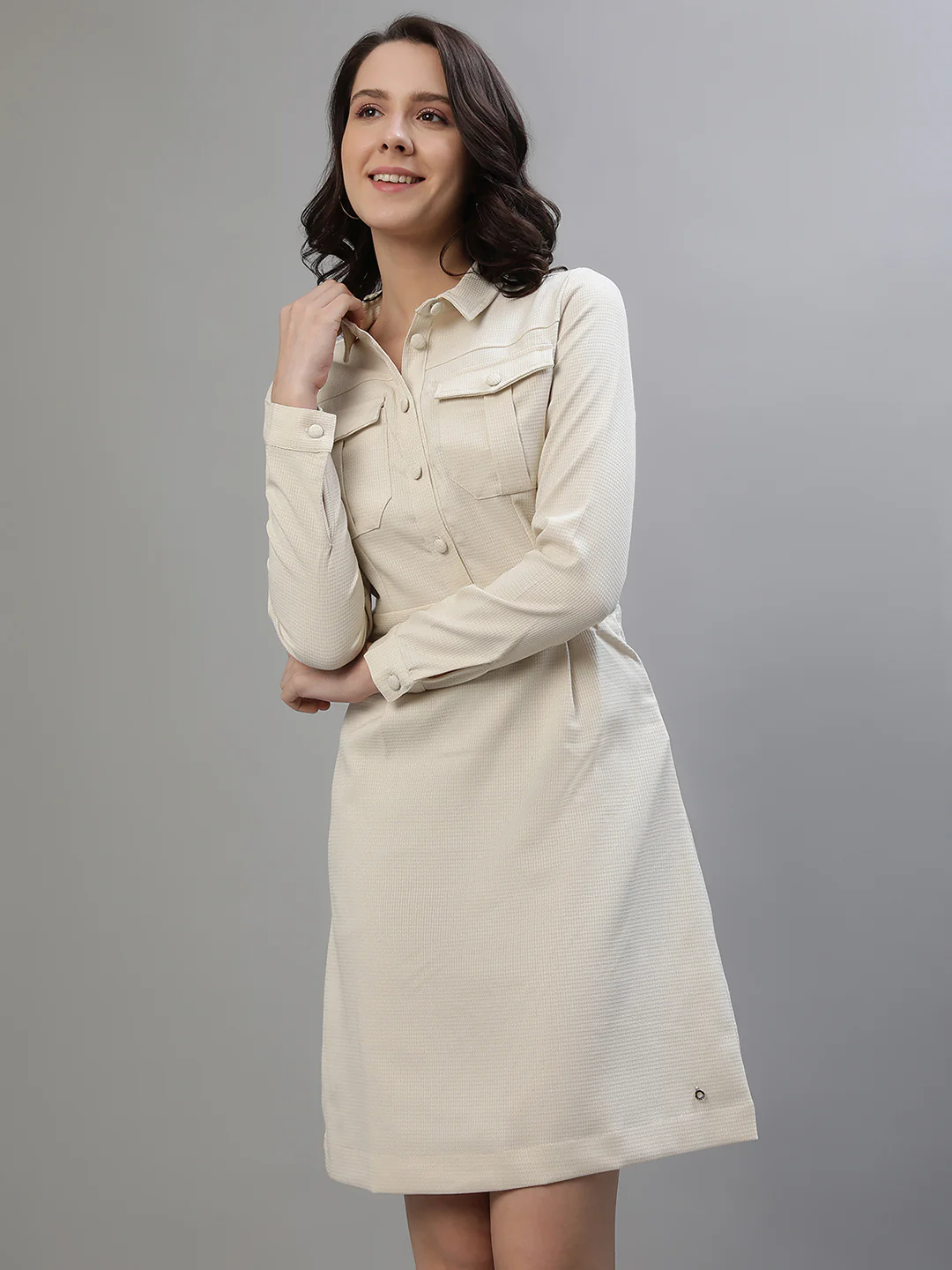 Iconic Women Cream Solid Spread Collar Full Sleeves Dress - Image 7