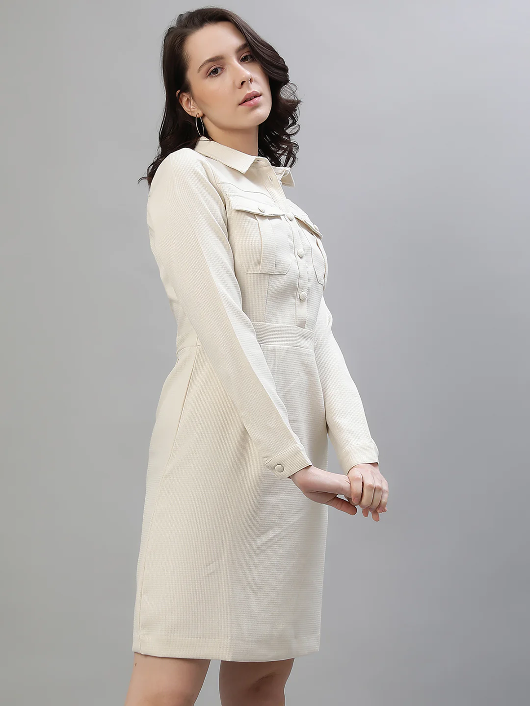 Iconic Women Cream Solid Spread Collar Full Sleeves Dress - Image 8