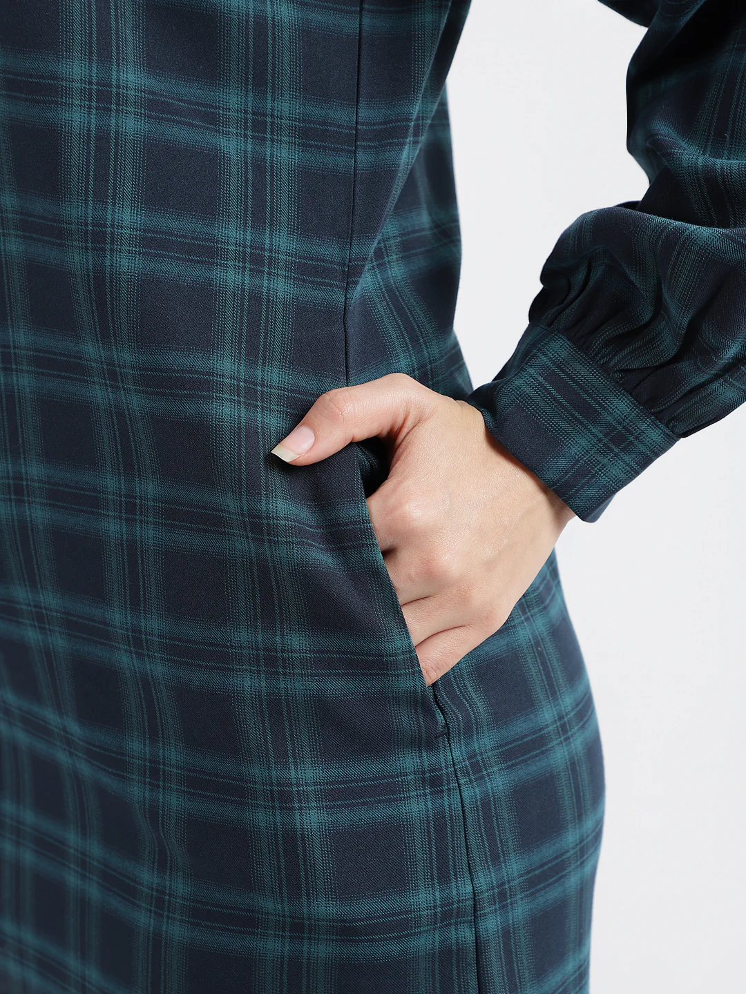 Iconic Women Navy Blue Checked Tie Up Neck Full Sleeves Dress - Image 2