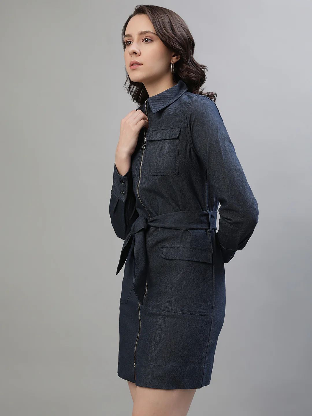 Iconic Women Blue Solid Spread Collar Full Sleeves Dress - Image 2