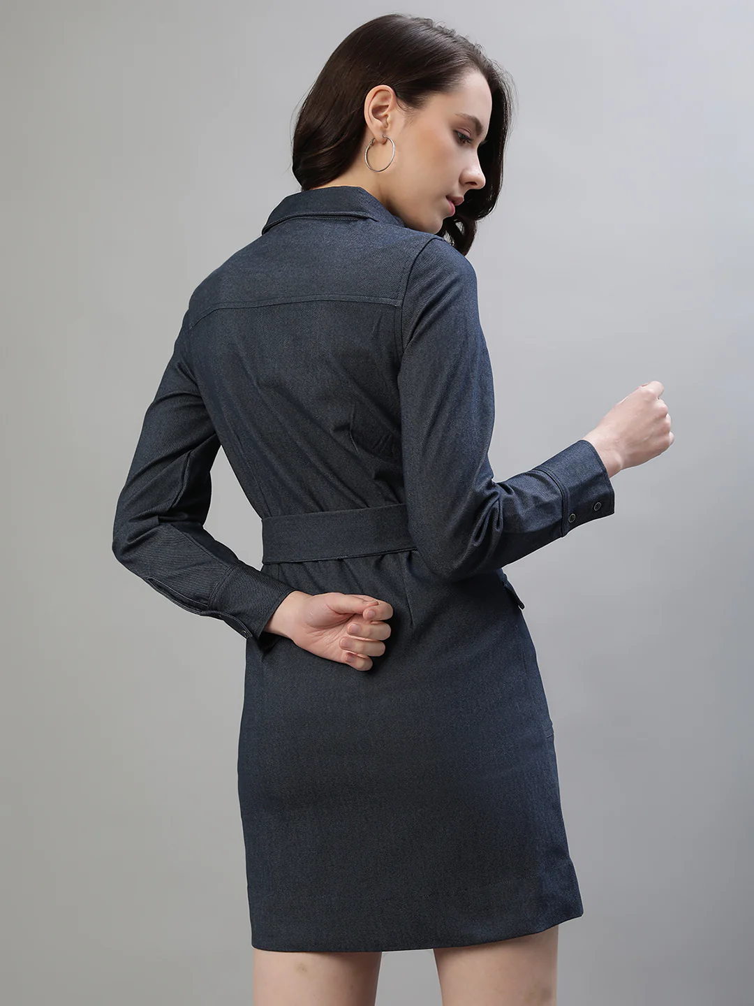 Iconic Women Blue Solid Spread Collar Full Sleeves Dress - Image 3