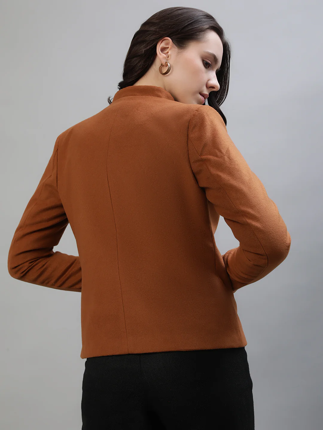Iconic Women Brown Solid High Neck Full Sleeves Jacket - Image 4