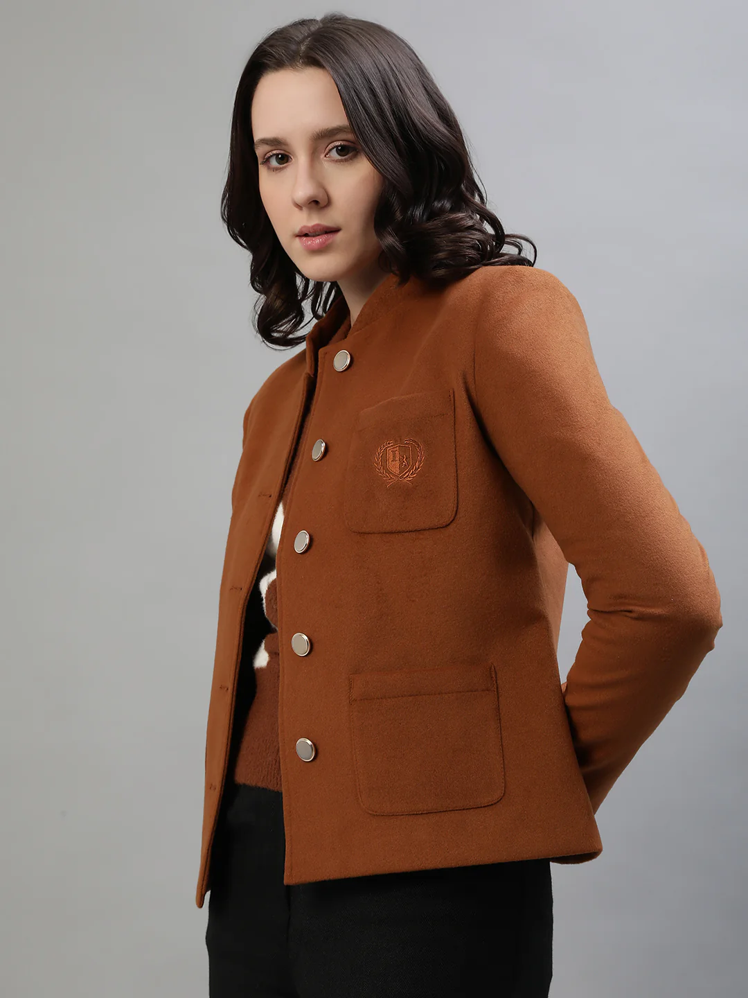 Iconic Women Tan Solid Collar Jacket - Image 3