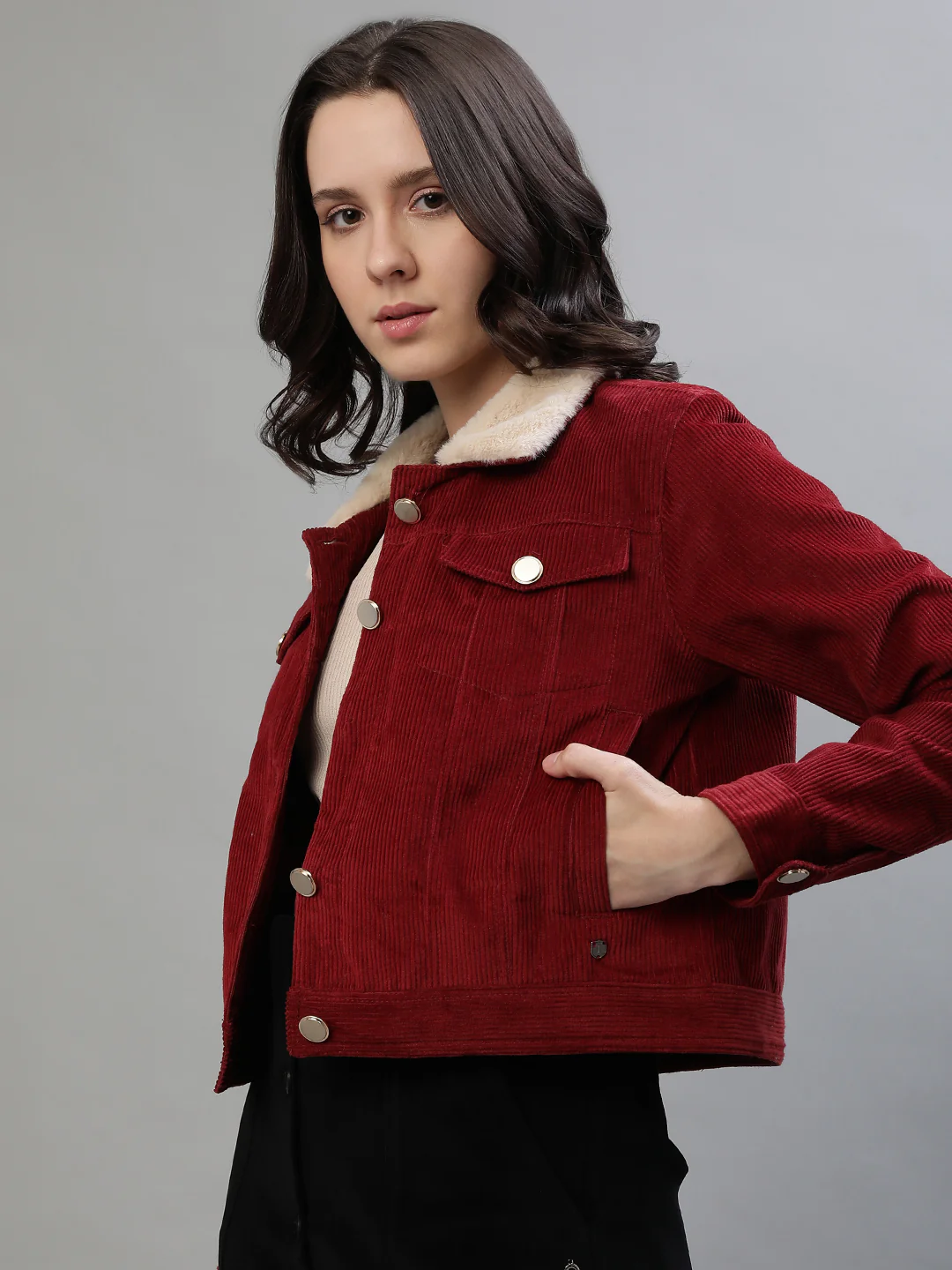 Iconic Women Red Solid Spread Collar Full Sleeves Jacket - Image 3