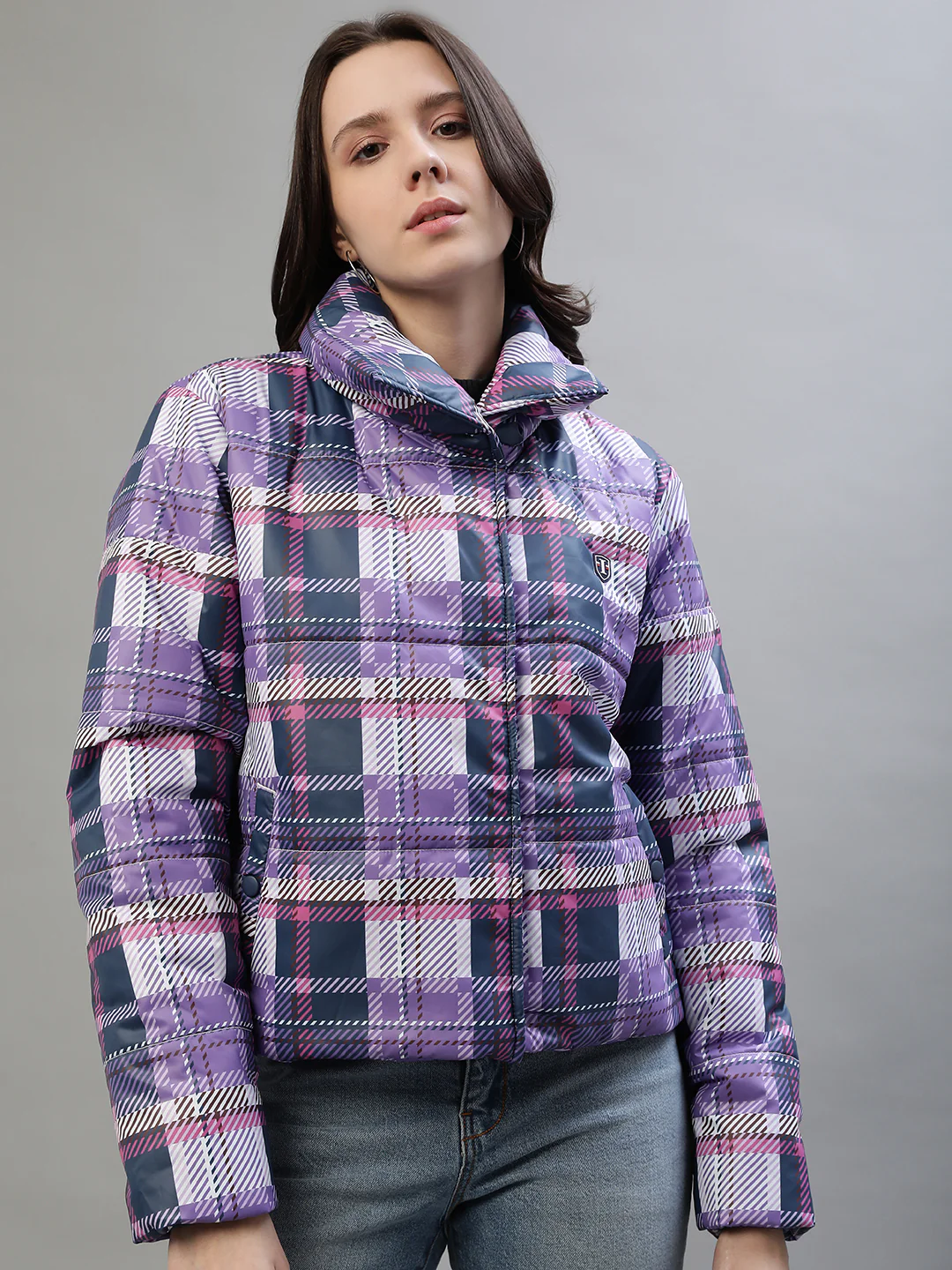 Iconic Women Multicolor Checked Stand Collar Full Sleeves Jacket - Image 2