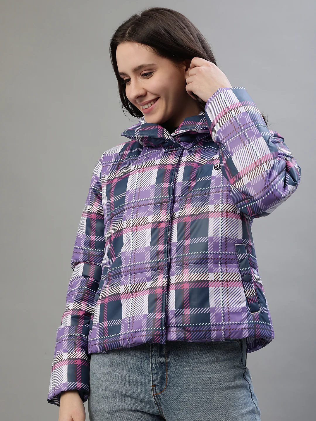 Iconic Women Multicolor Checked Stand Collar Full Sleeves Jacket - Image 3