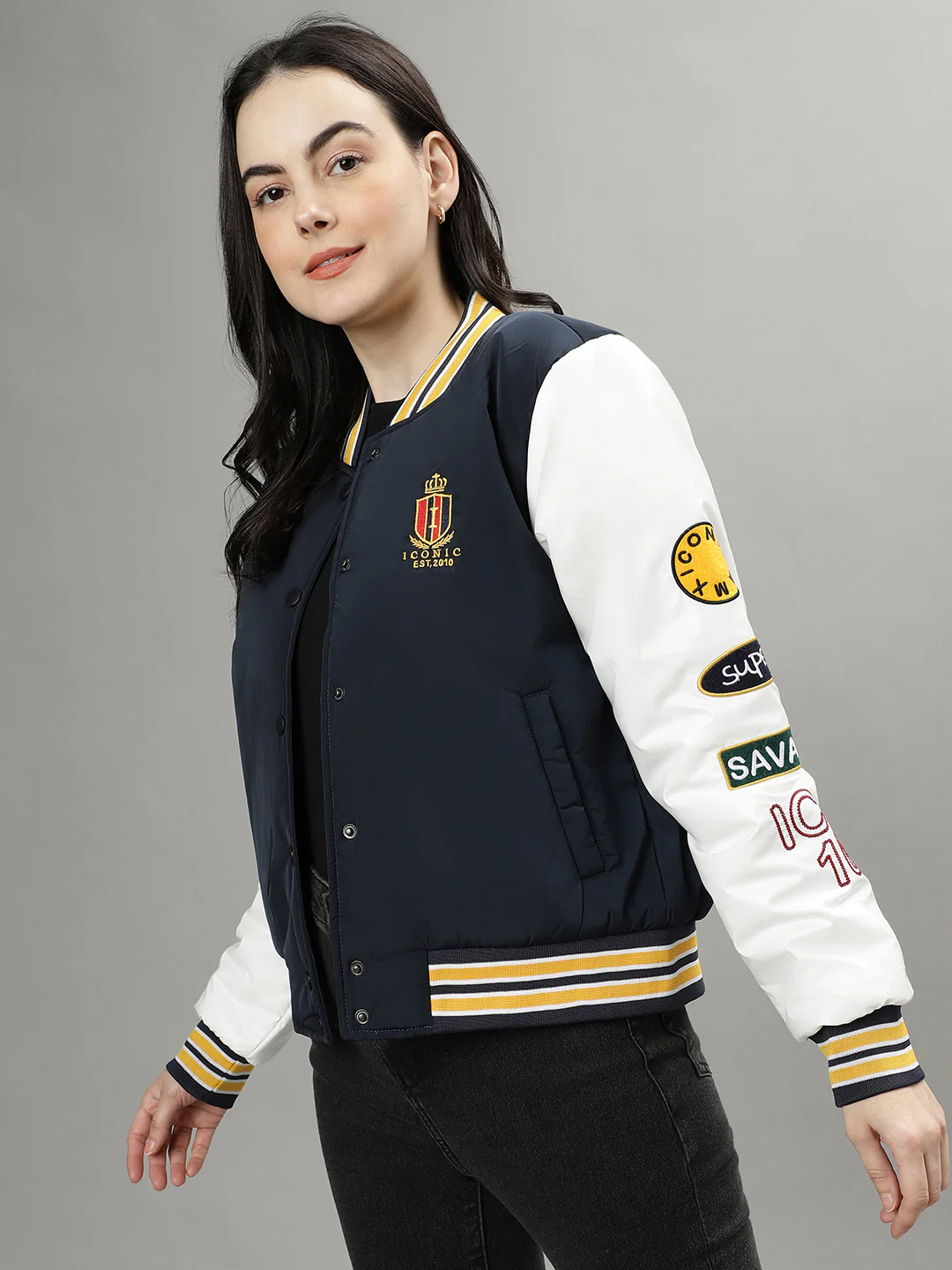 Iconic Women Navy Blue Colourblocked Stand Collar Long Sleeves Bomber Jacket - Image 2