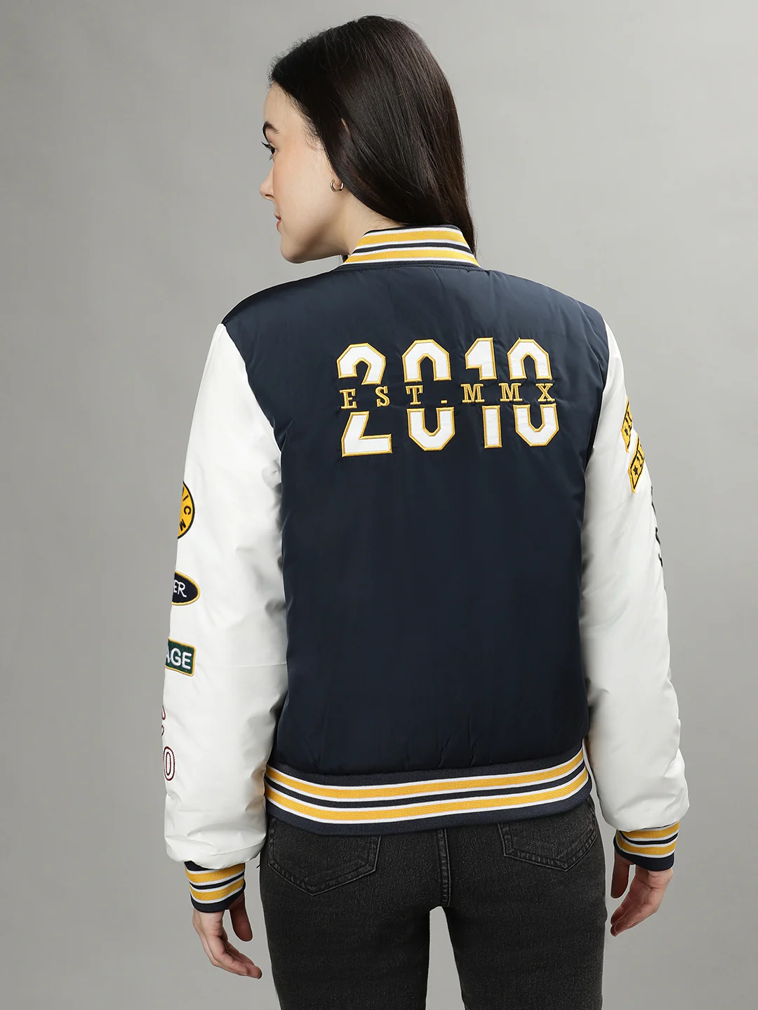 Iconic Women Navy Blue Colourblocked Stand Collar Long Sleeves Bomber Jacket - Image 3