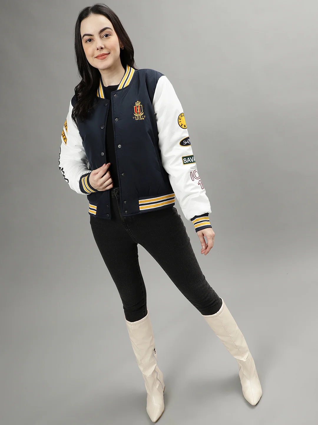 Iconic Women Navy Blue Colourblocked Stand Collar Long Sleeves Bomber Jacket - Image 4
