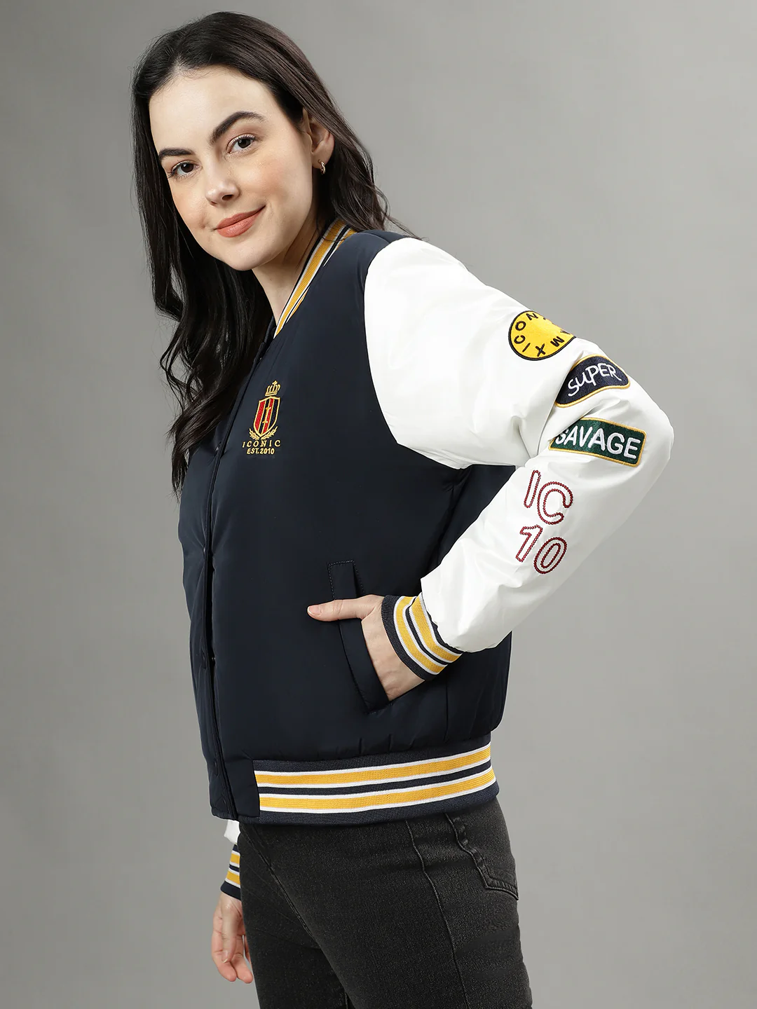 Iconic Women Navy Blue Colourblocked Stand Collar Long Sleeves Bomber Jacket - Image 5