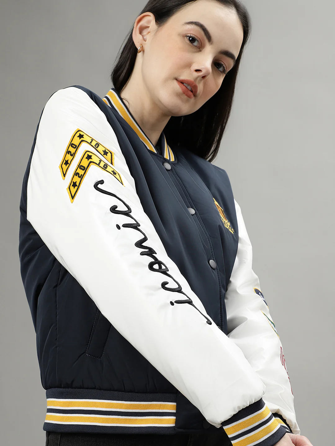 Iconic Women Navy Blue Colourblocked Stand Collar Long Sleeves Bomber Jacket - Image 6