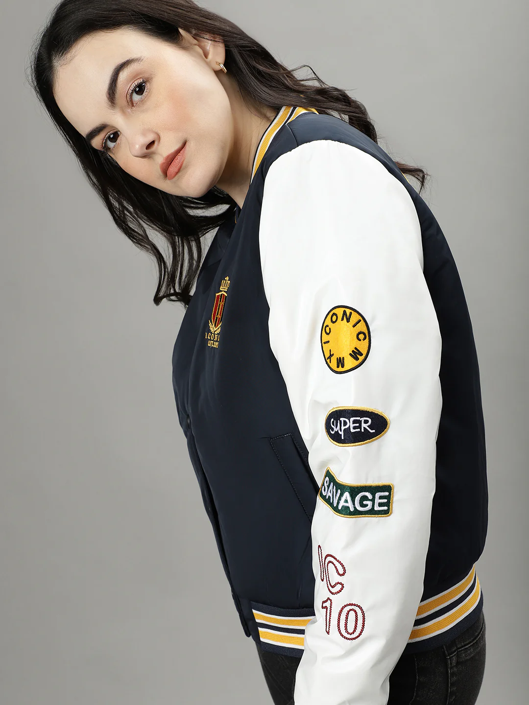 Iconic Women Navy Blue Colourblocked Stand Collar Long Sleeves Bomber Jacket - Image 7