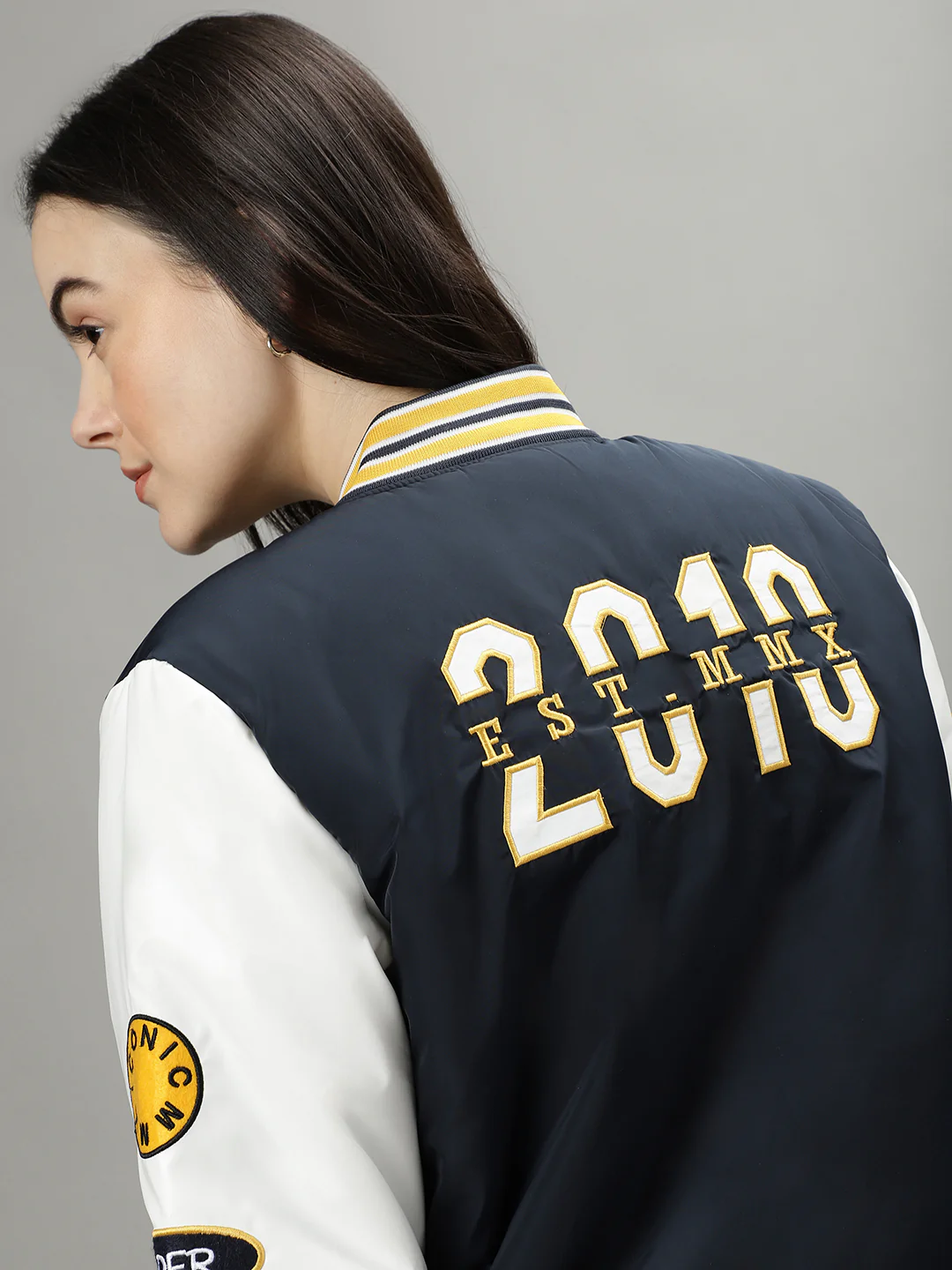 Iconic Women Navy Blue Colourblocked Stand Collar Long Sleeves Bomber Jacket - Image 8