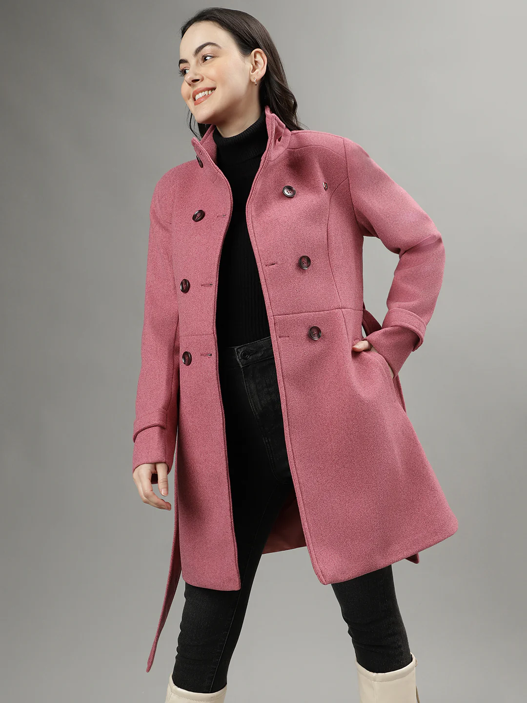 Iconic Women Pink Solid Spread Collar Long Sleeves Overcoat - Image 6