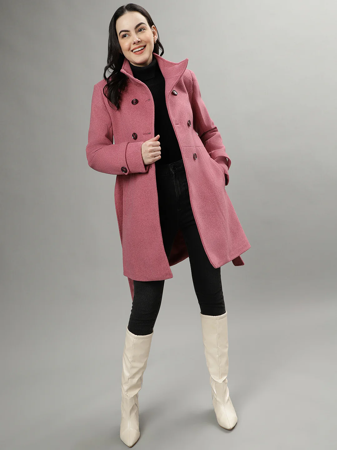 Iconic Women Pink Solid Spread Collar Full Sleeves Overcoat - Image 4