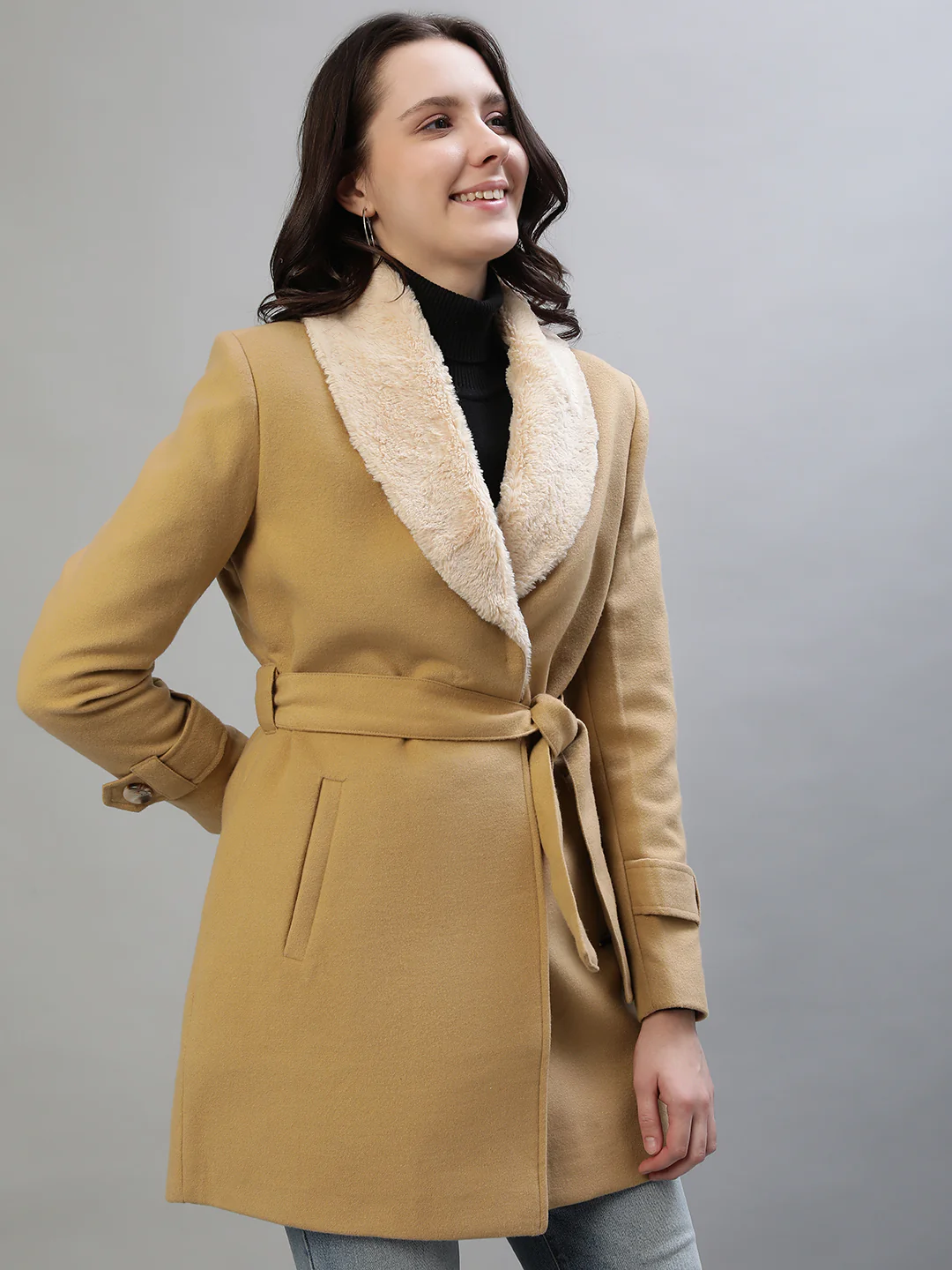 Iconic Women Beige Solid Shawl Collar Full Sleeves Coat - Image 2