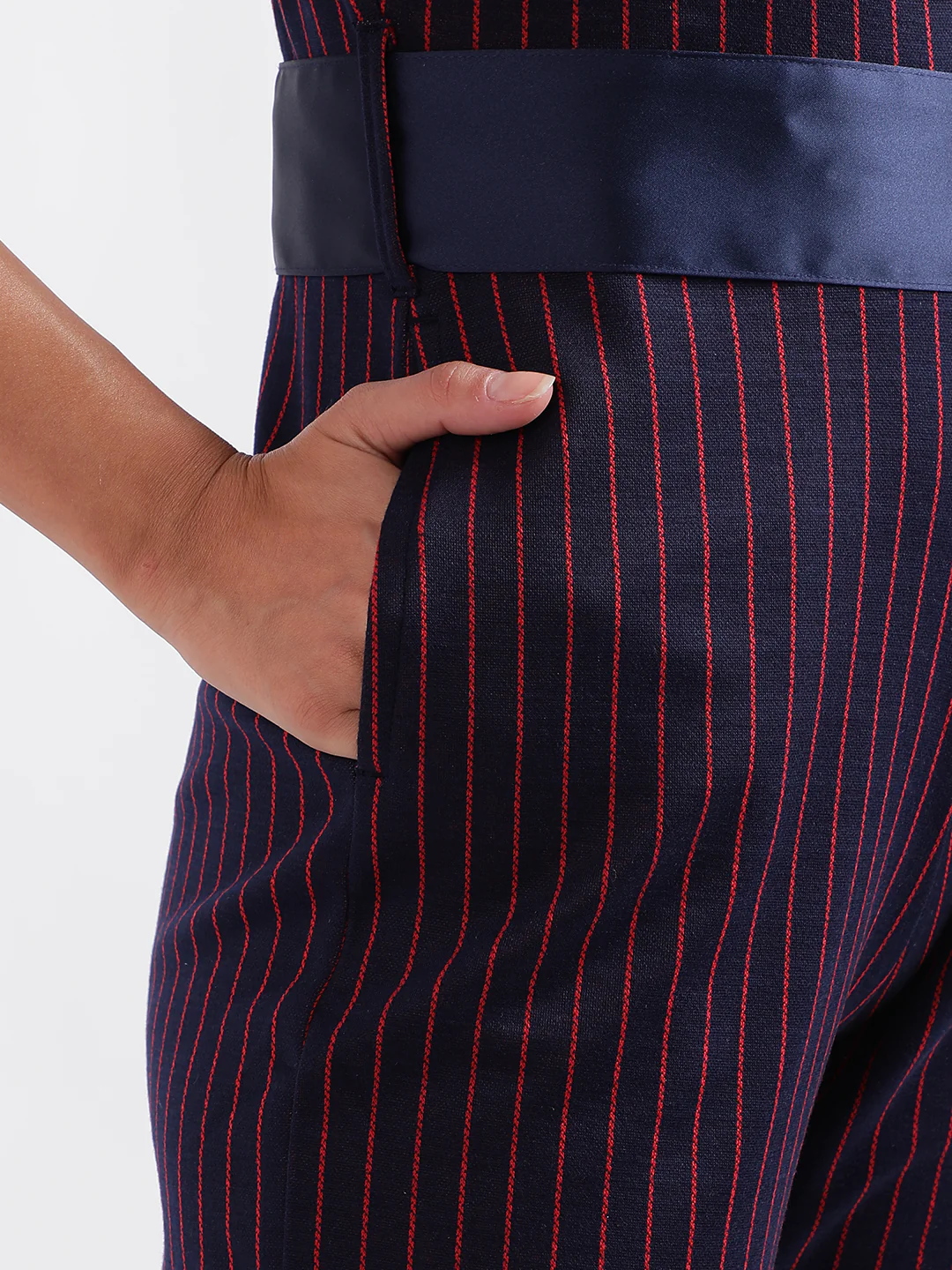 Iconic Women Navy Blue Striped V-Neck Short Sleeves Jumpsuit - Image 7