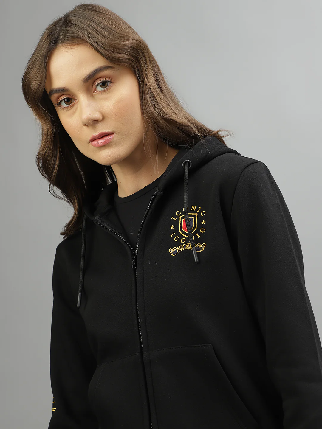 Iconic Women Black Solid Hooded Full Sleeves Jacket - Image 6