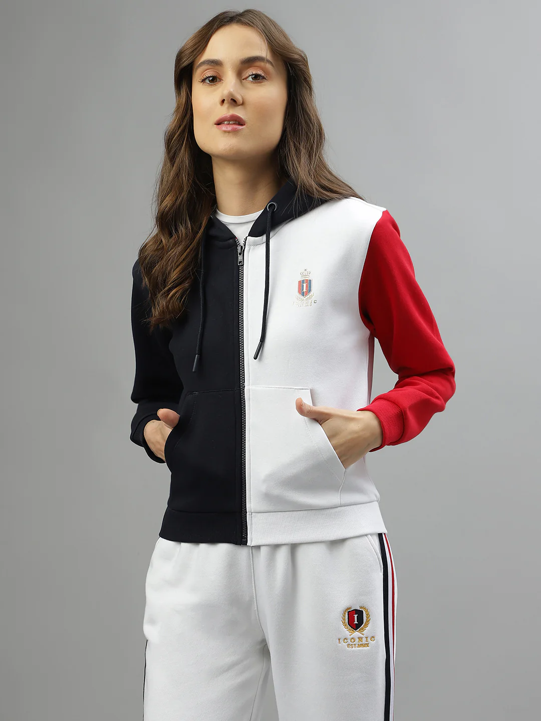 Iconic Women Colour Blocked Hooded Full Sleeves Sweatshirt - Image 2