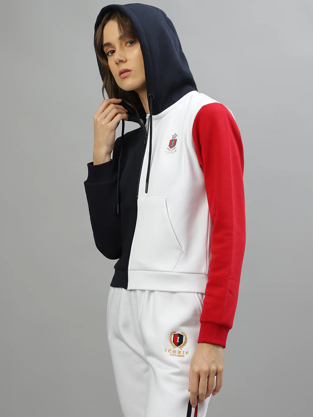 Iconic Women Multicolor Colorblocked Hooded Full Sleeves Jacket - Image 3