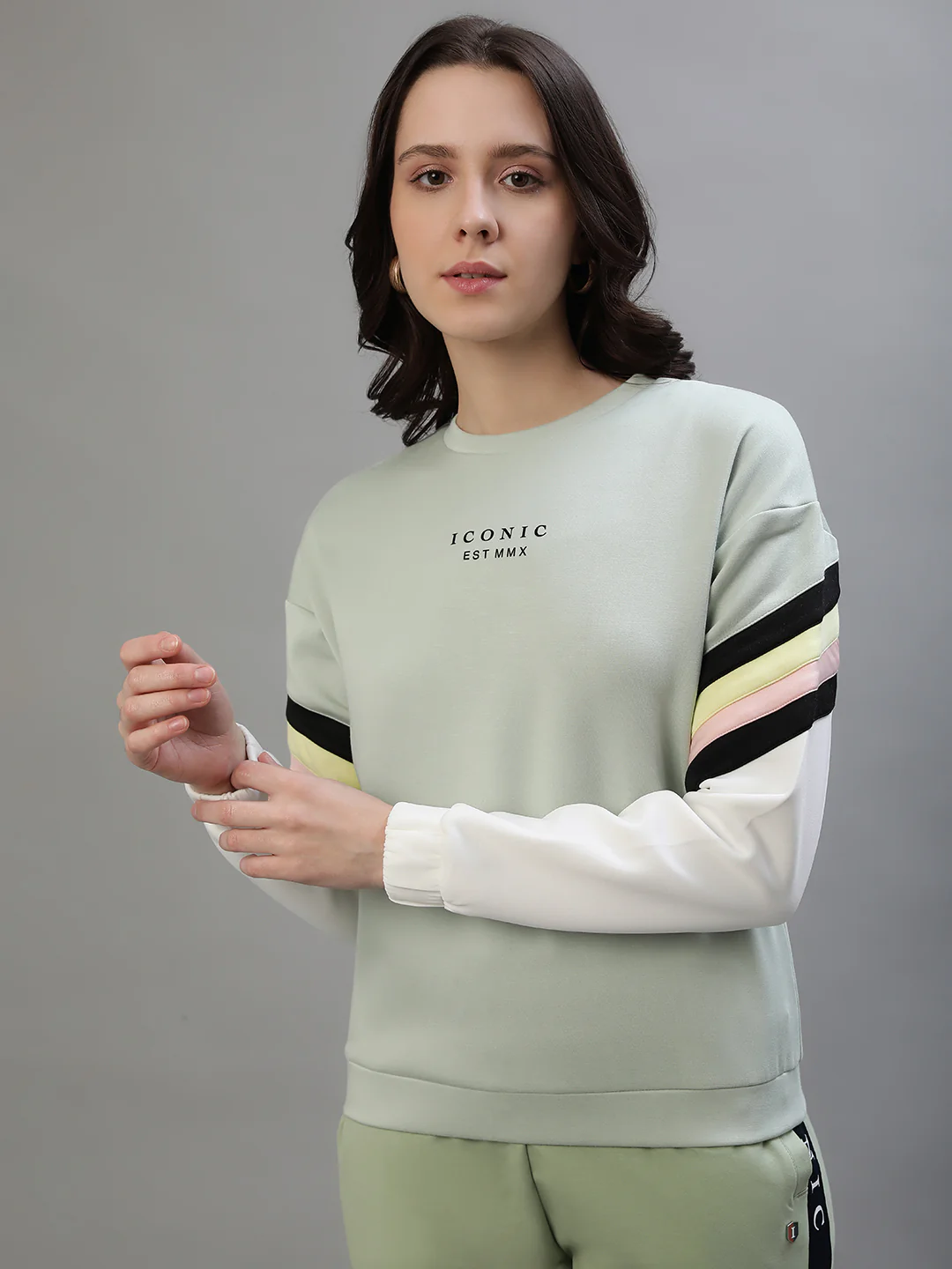Iconic Women Mint Color Blocked Round Neck Sweatshirt - Image 3