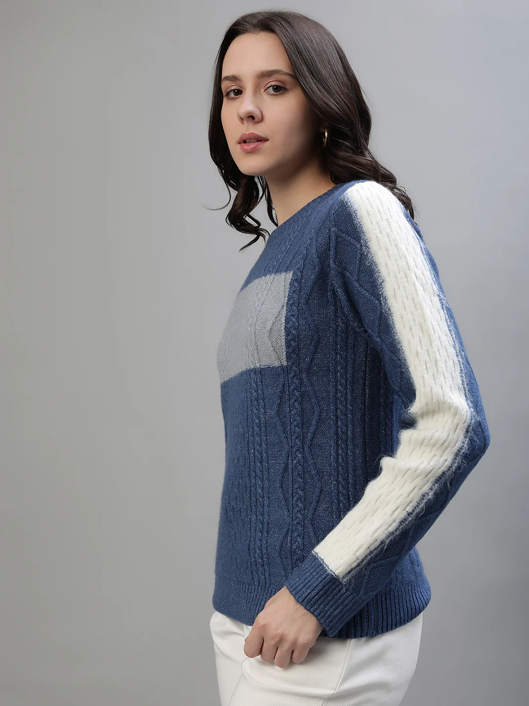 Iconic Women Blue Colorblocked Round Neck Full Sleeves Sweater - Image 8