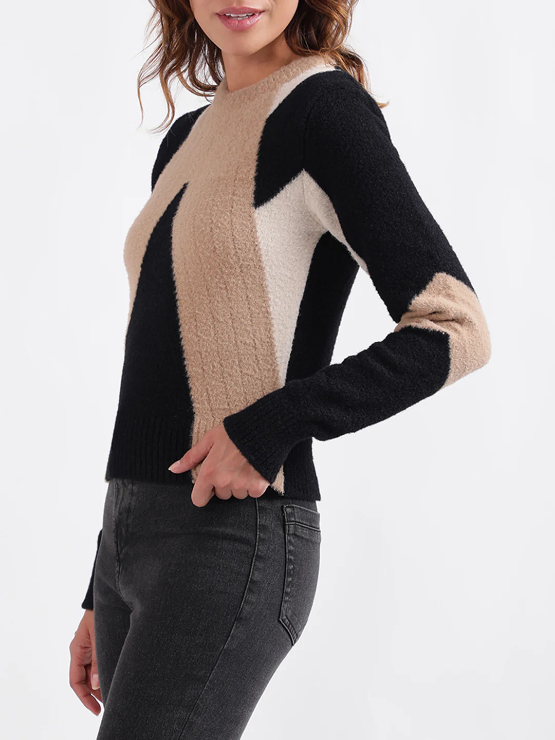 Iconic Women Colour blocked Full Sleeves Round Neck Sweater - Image 2