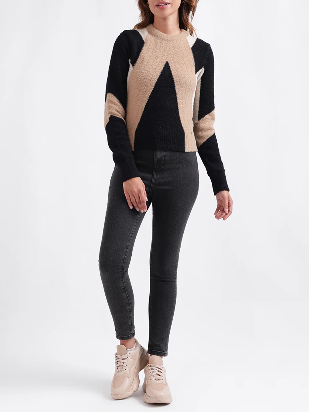 Iconic Women Colour blocked Full Sleeves Round Neck Sweater - Image 4