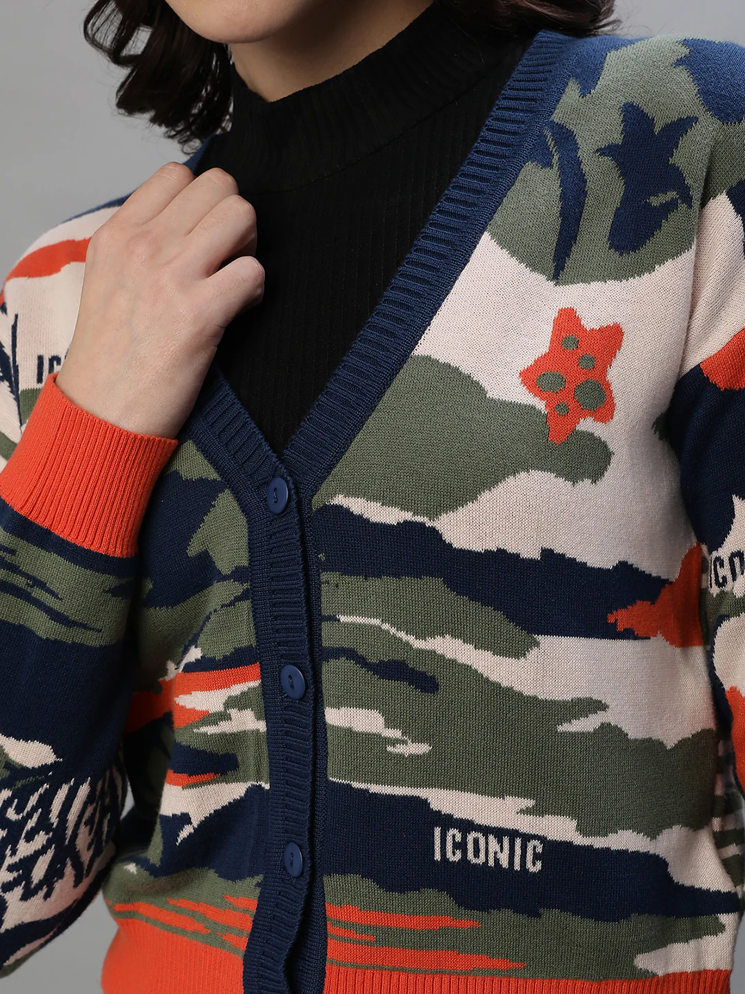 Iconic Women Multicolor Printed V-Neck Full Sleeves Sweater - Image 3