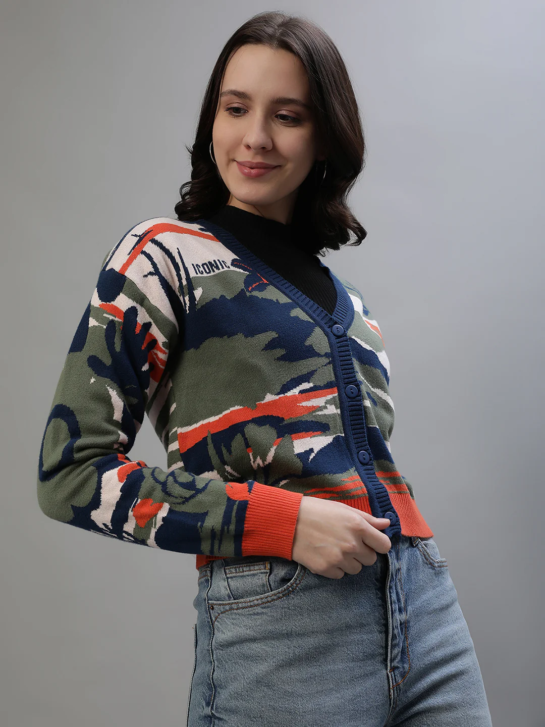 Iconic Women Multicolor Printed V-Neck Full Sleeves Sweater - Image 4
