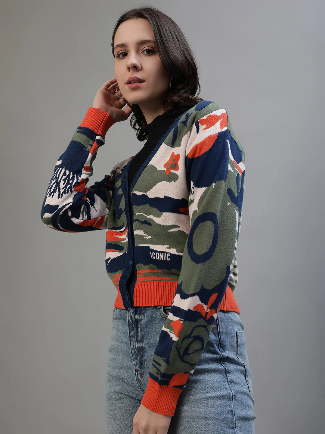 Iconic Women Multicolor Printed V-Neck Full Sleeves Sweater - Image 5